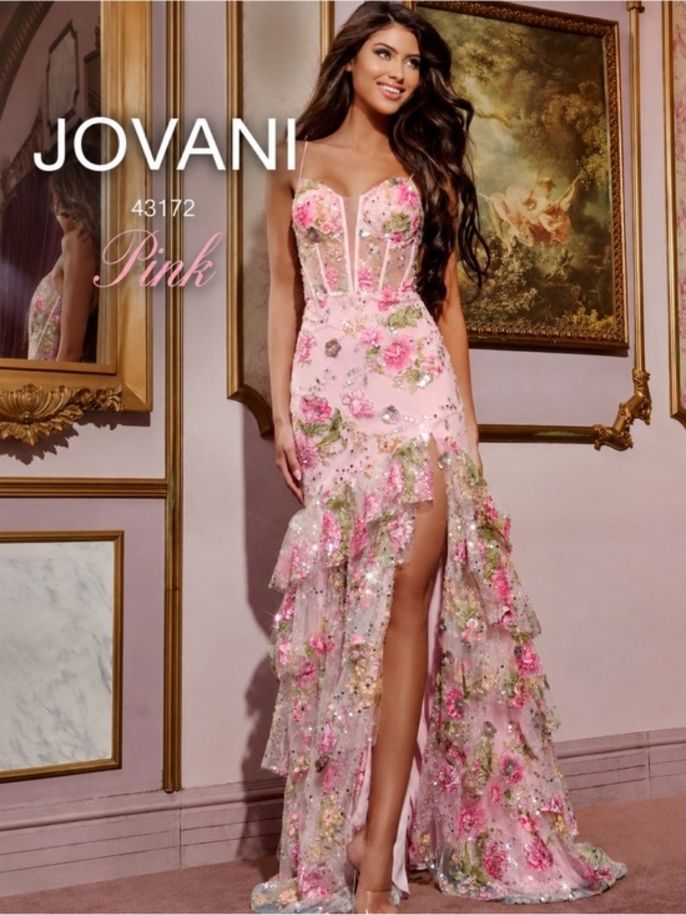​NWT Jovani 43172 Pink Sequin Floral Corset Mermaid Prom Dress Gown - Size 6